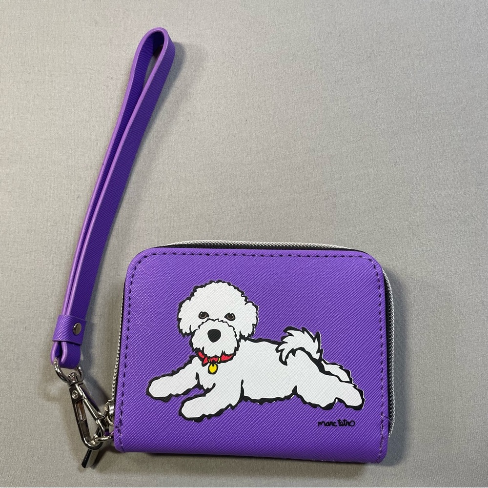 Marc Tetro Bichon Frise Wristlet Wallet, Zip Around Design, Purple, 4"x5"